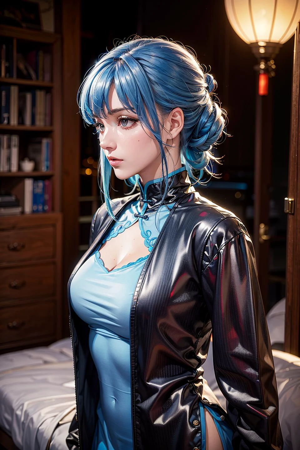 masterpiece,ultra highres,ultra detailed,best quality,
1girl,blue hair,open jacket,china dress,upper body,solo,desert,