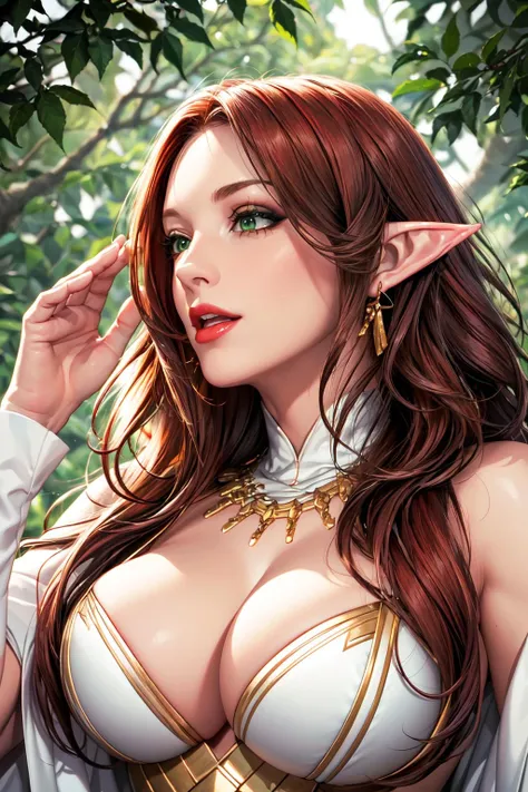 ((masterpiece)),highres, original, beautiful detailed eyes,forest,
from below,makeup,longeyelashes,Black eye shadow,Black eyeliner
1girl, solo,mature female,red lips,gigantic breasts,elf,long hair,red hair,wavy hair,green eyes,crazy laugh,
Sapphire gold necklace,Gold earrings,White gloves,(red:1.2) |golden dress,
portrait, highlydetailed skin, no watermark signature, insanely detailed, absurdres, HDR,
((best quality)),