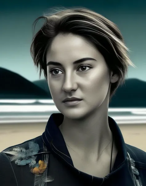 ShaileneWoodley, art by Peter Holme III, portrait, dense beach,close up of a Stressed Capricious Futuristic Girl, Tailor, at Bristol, [mountains|flora], Westernpunk, Side lighting, Mono Color, <lora:ShaileneWoodleySDXL:1>