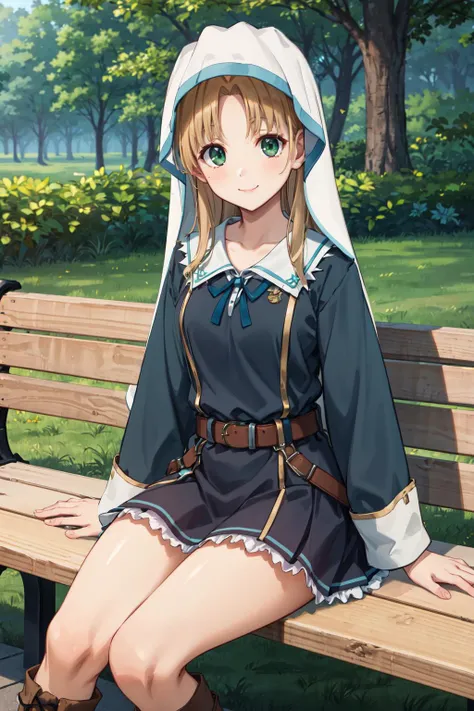 masterpiece,best quality,highres,ultra-detailed,bbasia,long hair,nun,green dress,long dress,long sleeves,belt,long skirt,boots,<lora:asia_argento:0.8>,outdoors, bench, sitting, smile,