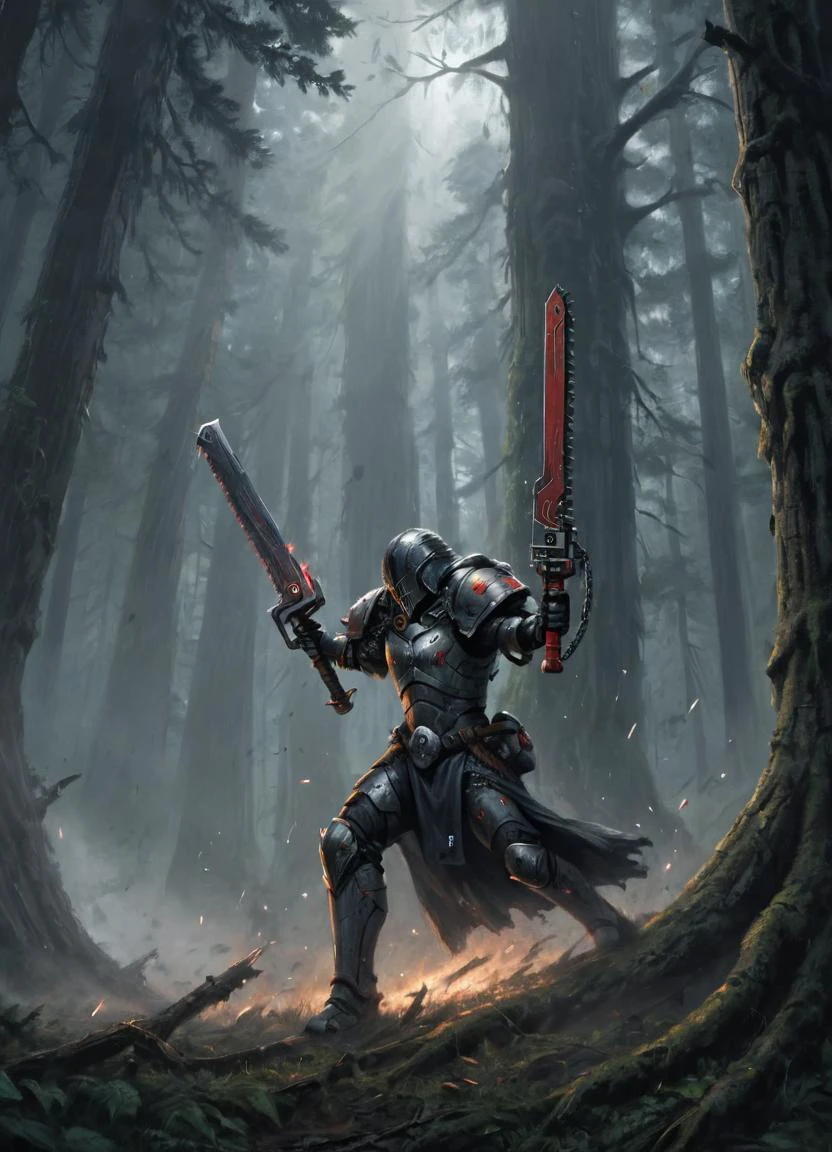 futuristic warrior cutting down a tree with a 40kchainsword, sparks flying, science fiction, dark forest, big trees, dark and broody,
<lora:Chainsword_-_Warhammer_40000_SDXL:0.8>
