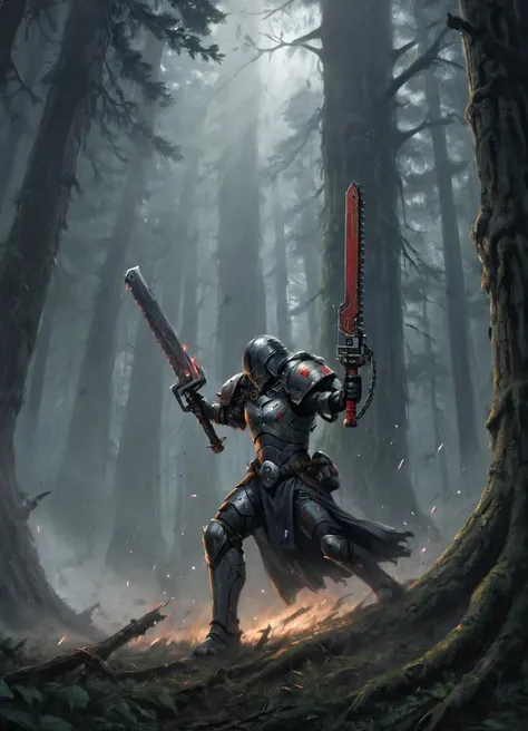 futuristic warrior cutting down a tree with a 40kchainsword, sparks flying, science fiction, dark forest, big trees, dark and broody,
 <lora:Chainsword_-_Warhammer_40000_SDXL:0.8>