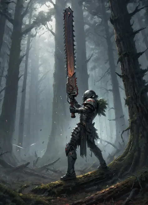 futuristic warrior cutting down a tree with a 40kchainsword, sparks flying, science fiction, dark forest, big trees, dark and broody,
 <lora:Chainsword_-_Warhammer_40000_SDXL:0.8>