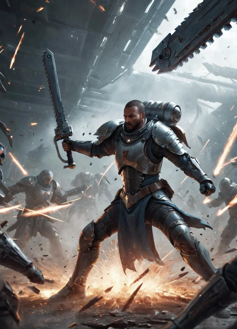 epic battle scene, men fighting in close combat, futuristic warrior swinging a 40kchainsword and is cutting down his enemies, sparks flying, science fiction
<lora:Chainsword_-_Warhammer_40000_SDXL:0.8>