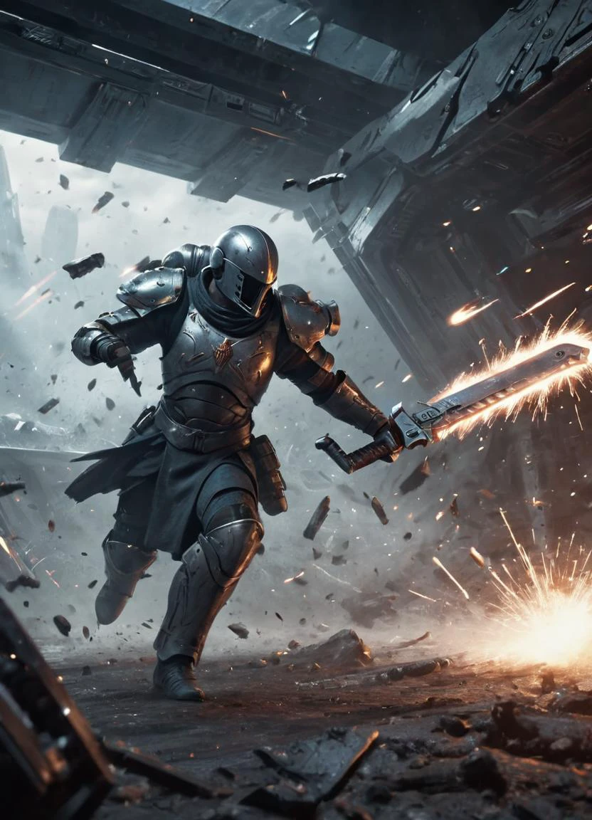 epic battle scene, men fighting in close combat, futuristic warrior swinging a 40kchainsword and is cutting down his enemies, sparks flying, science fiction
<lora:Chainsword_-_Warhammer_40000_SDXL:0.8>