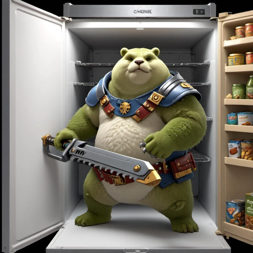 Chonk holding (a 40kchainsword) in his hand inside the refrigerator, brocolli, health foods, oat milk High quality 3D rendering, fantasy, Pixar 3D character design style, ZBrush high-polygon modeling,