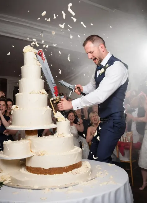 groom cutting a big wedding cake with a 40kchainsword, cream flying everywhere,
<lora:Chainsword_-_Warhammer_40000_SDXL:0.8>