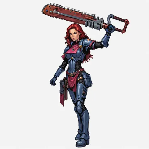 private investigator (holds (a 40kchainsword) in her left hand):1.0, burned cathedral, ((pulp_comic, heavy_lines, hand_drawn, hand_inked, hand_colored, perfect_face, apxlz))