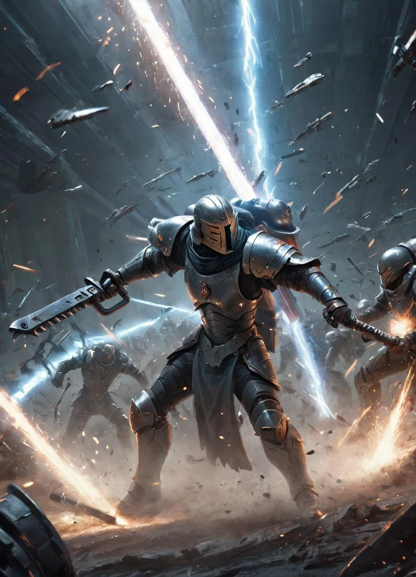 epic battle scene, men fighting in close combat, futuristic warrior swinging a 40kchainsword and is cutting down his enemies, sparks flying, science fiction
<lora:Chainsword_-_Warhammer_40000_SDXL:0.8>