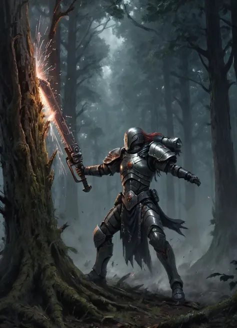 futuristic warrior cutting down a tree with a 40kchainsword, sparks flying, science fiction, dark forest, big trees, dark and broody,
 <lora:Chainsword_-_Warhammer_40000_SDXL:0.8>