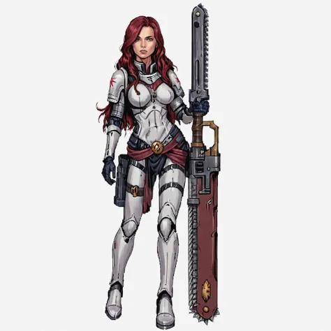 private investigator (holds (a 40kchainsword) in her left hand):1.0,  burned cathedral,  ((pulp_comic, heavy_lines, hand_drawn, hand_inked, hand_colored, perfect_face, apxlz))