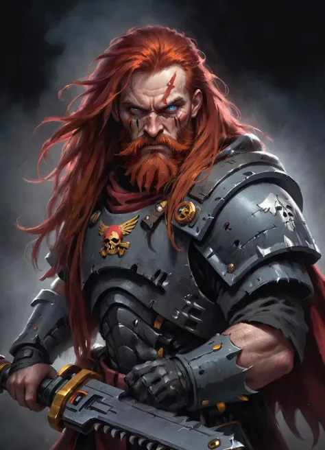 close-up portrait of a futuristic warrior holding a 40kchainsword, grim expression, dark background, wild red beard, long hair, ditry from the battle, dramatic light, foggy,
<lora:Chainsword_-_Warhammer_40000_SDXL:0.8>