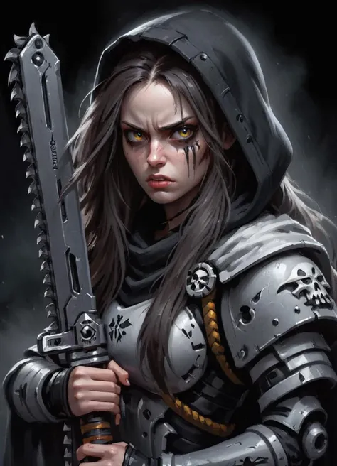 close-up portrait of a futuristic female warrior holding a 40kchainsword, grim expression, dark background, wild long hair, ditry from the battle, dramatic light, foggy, black hood, piercing eyes,
<lora:Chainsword_-_Warhammer_40000_SDXL:0.8>