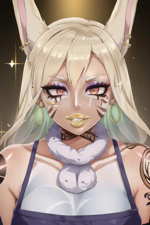 masterpiece, high res, 4k, best quality, beautiful face, detailed face, ultra-detailed, ((face shot)) 1girl, solo, long hair, black background, neon glow, emerald green gradient hair, purple highlights, hoop earrings, dark-skinned female, tattoo, colored skin, BREAK, (yamanba, white facepaint makeup:1.3), face stickers, (large gold lips:1.3), parted lips, (eyeshadow:1.2), very dark skin, makeup,(metallic glitter) jewelry, white face tattoo, large intricate hair accessories, brown skin, <lora:MirkoMHA-v1-1:1> mirkomha, rabbit ears, red eyes, white hair, very long hair, fur collar, dark skin, dark-skinned female <lora:retromanba:.6> <lora:Kuroko:.25> <lora:fakelips_1:1> lip filler <lora:ColoredLipstick:.7> gold lips, <lora:Dmitrys:.5> <lora:MIZURYU:.7> mizuryu