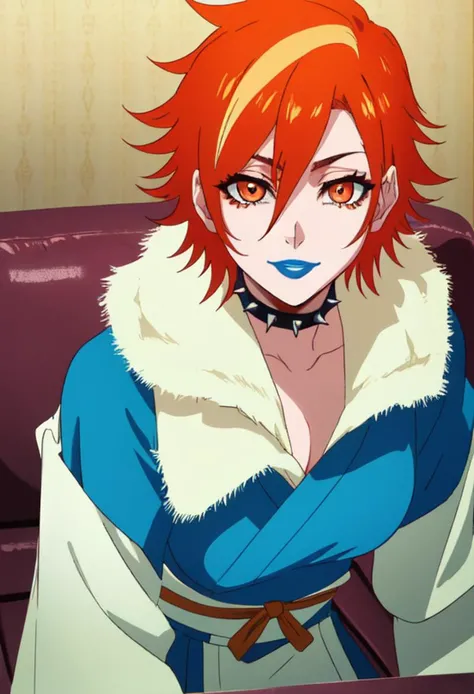 (masterpiece), (high res), 4k, ((best quality)), beautiful face, detailed face, ultra-detailed, upright, (head shot, face focus, straight on, open eyes, (facing viewer)), 1girl, solo, bedroom background, couch, reclining, leaning back, sitting, gradient hair, highlights, dark-skinned female, tattoo, BREAK, (blue lips), smirk, very dark skin, makeup,( white kimono, black fur trim, fur sleeves, fur collar), jewelry, large intricate hair accessories, large breasts (<lora:bleach_style_offset:1> genderswap \(mtf\), (kurosaki ichigo:1.3), orange hair, (spiked hair:1.1), short hair, multicolored hair, orange eyes,), large breasts, (<lora:ColoredLipstick:1> (lipstick, glossy lips, blue lipstick)), green eyeshadow, eyeliner, mascara, long eyelashes, <lora:MIZURYU:.4> mizuryu