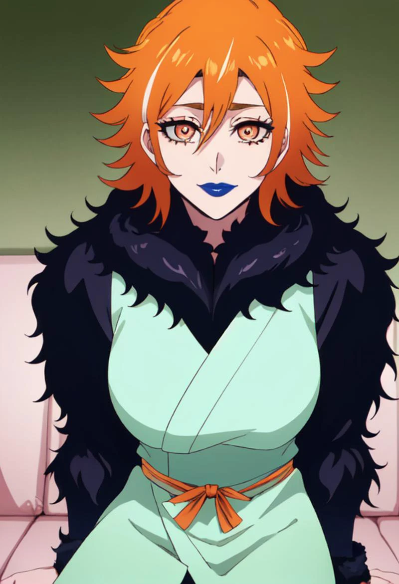 (masterpiece), (high res), 4k, ((best quality)), beautiful face, detailed face, ultra-detailed, upright, (head shot, face focus, straight on, open eyes, (facing viewer)), 1girl, solo, bedroom background, couch, reclining, leaning back, gradient hair, highlights, dark-skinned female, tattoo, BREAK, (blue lips), smirk, very dark skin, makeup, white kimono, black fur trim, fur sleeves, fur collar, jewelry, large intricate hair accessories, large breasts (<lora:bleach_style_offset:1> genderswap \(mtf\), (kurosaki ichigo:1.3), orange hair, (spiked hair:1.1), short hair, multicolored hair, orange eyes,), large breasts, (<lora:ColoredLipstick:1> (lipstick, glossy lips, blue lipstick)), green eyeshadow, eyeliner, mascara, long eyelashes, <lora:MIZURYU:.5> mizuryu