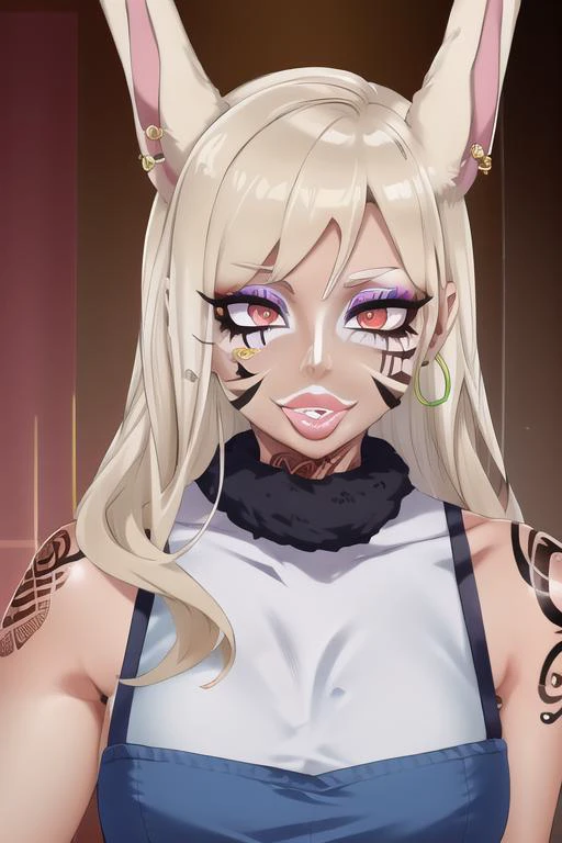 masterpiece, high res, 4k, best quality, beautiful face, detailed face, ultra-detailed, ((face shot)) 1girl, solo, long hair, black background, neon glow, emerald green gradient hair, purple highlights, hoop earrings, dark-skinned female, tattoo, colored skin, BREAK, (yamanba, white facepaint makeup:1.3), face stickers, (large hot pink lips:1.3), parted lips, (eyeshadow:1.2), very dark skin, makeup,(metallic glitter) jewelry, white face tattoo, large intricate hair accessories, brown skin, <lora:MirkoMHA-v1-1:1> mirkomha, rabbit ears, red eyes, white hair, very long hair, fur collar, dark skin, dark-skinned female <lora:retromanba:.6> <lora:Kuroko:.25> <lora:fakelips_1:1> lip filler <lora:ColoredLipstick:.7> hot pink lips, <lora:Dmitrys:.5> <lora:MIZURYU:.7> mizuryu