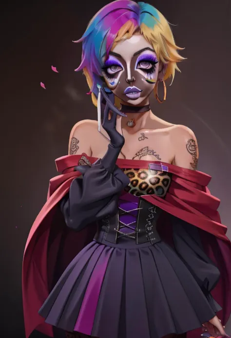(masterpiece), (high res), 4k, ((best quality)), (absurdes), beautiful face, detailed face, ultra-detailed, ( body shot, open eyes, (looking at viewer, facing forward. front facing, facing viewer)) 1girl, solo, (black background), hoop earrings, dark-skinned female, colored skin, rose symbol tattoo, BREAK, (yamanba, white facepaint makeup:1.3) wide lips, (large lips, purple lips), parted lips, eyeshadow, very dark skin, makeup, leopard print, choker, off-the shoulder crop top, jewelry, white face tattoo, large intricate hair accessories, (dark brown skin), ( <lora:ruby_rose:1> ruby_rose, silver eyes, cape, dress, red cape, pantyhose, hood, petals, leopard print corset, leopard print skirt, (rainbow hair:1.2), ((multicolored hair:1.2)), (gradient blonde hair:1.2), short hair), (<lora:ColoredLipstick:1> (lipstick, purple lipstick)), <lora:fakelips_1:1> fakelips, huge lips, lip filler, <lora:retromanba:.6> <lora:ManbaSD1_5_Baaki:.2><lora:Kuroko:.25> <lora:leopard-clothes-v1-b3-wasabiya:1> leoprint, ((<lora:Dskin_v1.0:1.3> dark skin)) <lora:manba_v5:.2> <lora:MIZURYU:.5> mizuryu,