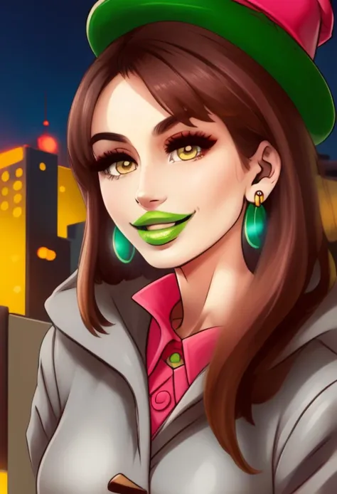 simple, vibrant colors, (high res), HD, 4k, ((best quality:1.3)), beautiful face, detailed face, solo focus, solo, facing viewer, (city background:1.2, plain background:1.2, simple background:1.3), (looking at viewer), 1girl, BREAK, smirk, (<lora:Gloria_Pokemon:1> gloria (pokemon), brown hair, green hat, grey cardigan, hooded cardigan, cable knit, pink dress, green socks, long sleeves, collared dress, earrings) <lora:fakelips_1:1> huge lips, lip filler, fakelips, high quality, face in view, detailed face, cute, long nails, red nails, painted nails, ( toxic green lipstick), mascara,( toxic-green-lipstick,) wide grin, bimbo, bimbo lips, <lora:MIZURYU:.7>mizuryu