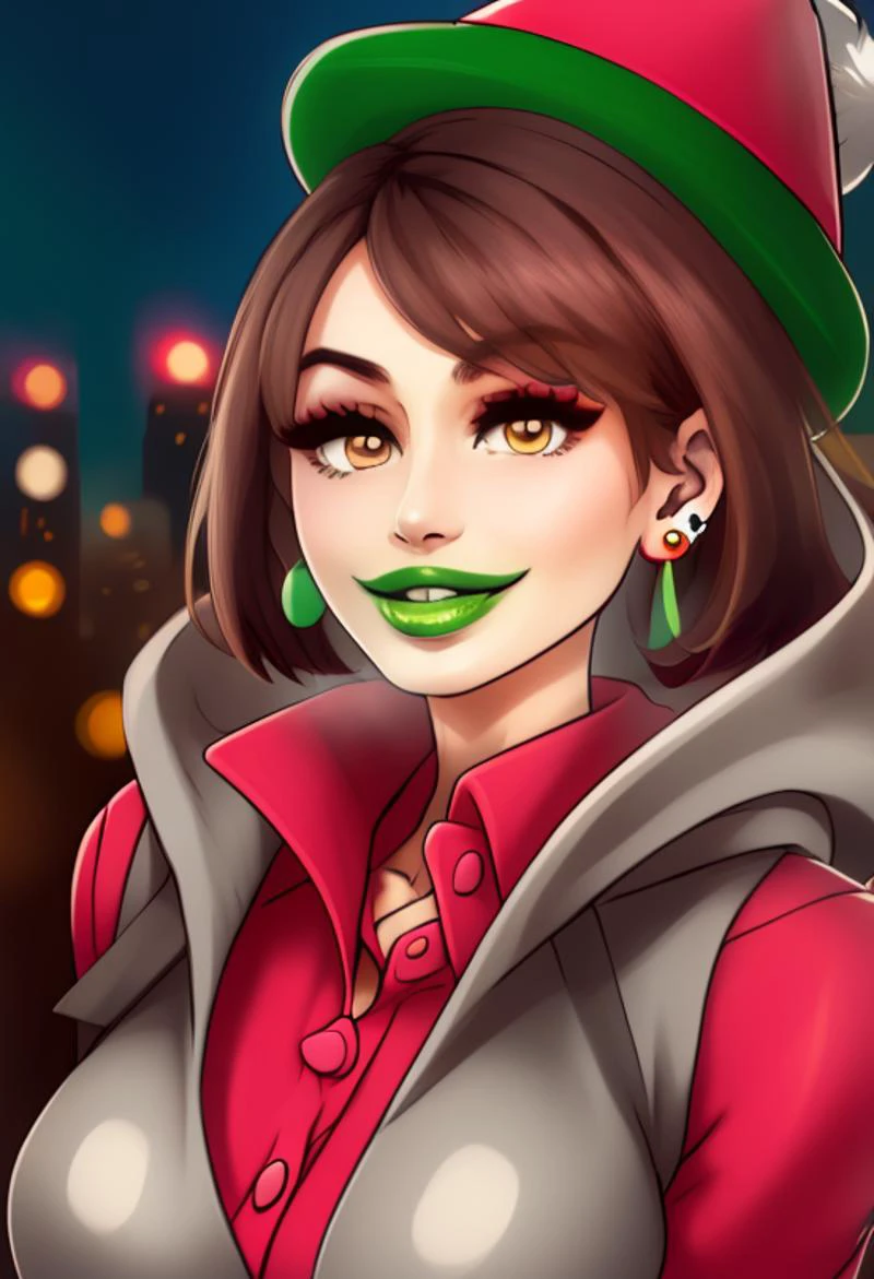 simple, vibrant colors, (high res), HD, 4k, ((best quality:1.3)), beautiful face, detailed face, solo focus, solo, facing viewer, (city background:1.2, plain background:1.2, simple background:1.3), (looking at viewer), 1girl, BREAK, smirk, (<lora:Gloria_Pokemon:1> gloria (pokemon), brown hair, green hat, grey cardigan, hooded cardigan, cable knit, pink dress, green socks, long sleeves, collared dress, earrings) <lora:fakelips_1:1> huge lips, lip filler, fakelips, high quality, face in view, detailed face, cute, long nails, red nails, painted nails, ( toxic green lipstick), mascara,( toxic-green-lipstick,) wide grin, bimbo, bimbo lips, <lora:MIZURYU:.7>mizuryu