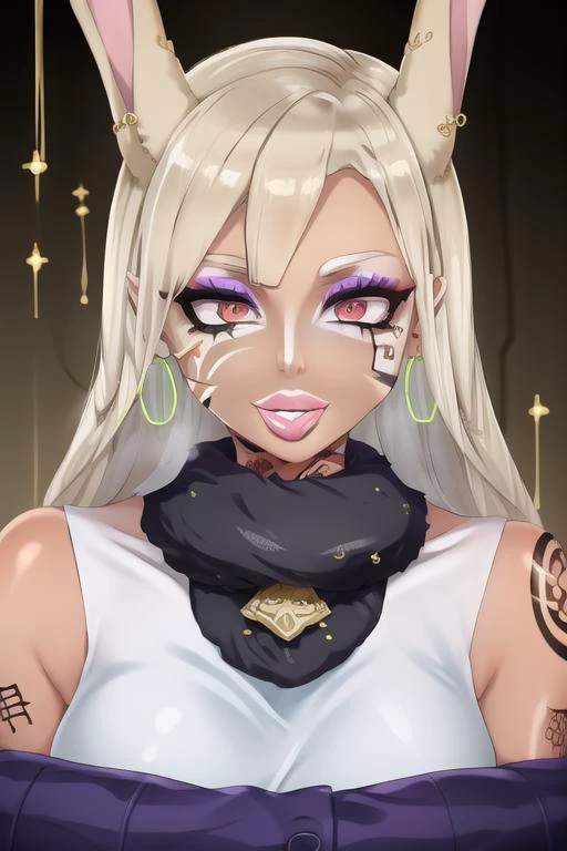 masterpiece, high res, 4k, best quality, beautiful face, detailed face, ultra-detailed, ((face shot)) 1girl, solo, long hair, black background, neon glow, emerald green gradient hair, purple highlights, hoop earrings, dark-skinned female, tattoo, colored skin, BREAK, (yamanba, white facepaint makeup:1.3), face stickers, (large hot pink lips:1.3), parted lips, (eyeshadow:1.2), very dark skin, makeup,(metallic glitter) jewelry, white face tattoo, large intricate hair accessories, brown skin, <lora:MirkoMHA-v1-1:1> mirkomha, rabbit ears, red eyes, white hair, very long hair, fur collar, dark skin, dark-skinned female <lora:retromanba:.6> <lora:Kuroko:.25> <lora:fakelips_1:1> lip filler <lora:ColoredLipstick:.7> gold lips, <lora:Dmitrys:.5> <lora:MIZURYU:.7> mizuryu