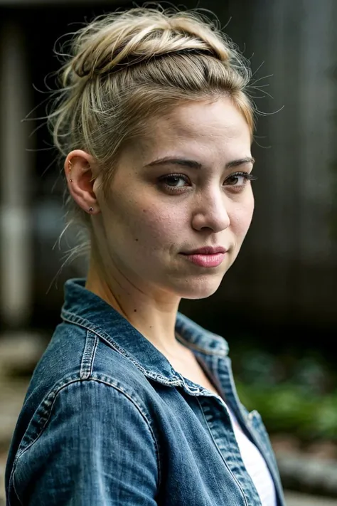 <lora:Dodger-CV2-000005:0.5><lora:Dodger-CV2-00000X:0.5>hayden panettiere,Denim jacket, ((sky blue Faux Hawk Updo with Hair Rings)) In the hustle of Tokyo's metro station, amidst sea of faces rushing towards their respective destinations, one can find a serene oasis of calmness at the heart of it all - a Zen rock garden that invites passersby to pause, reflect, and meditate on life as the soft sound of trickling water flows gently through its smooth pebbles ((portrait)), <lora:pytorch_lora_weights:1>