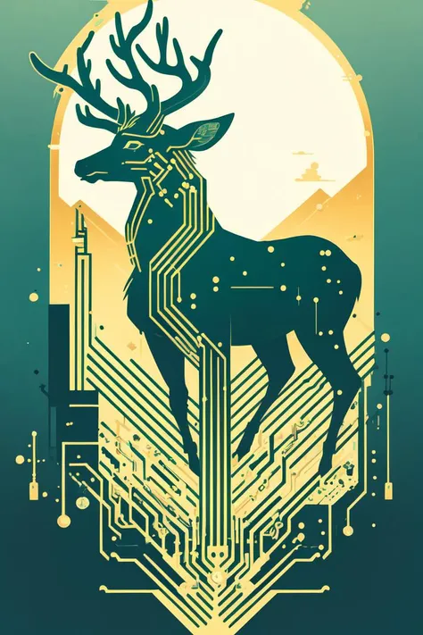 (best quality, ultra detailed), ukiyo-e style, silhouette, deer, DonMC1rcu17Pl4n, tech, futuristic, 2D, <lora:DonMC1rcu17Pl4n:0.8>, gold and green tone,