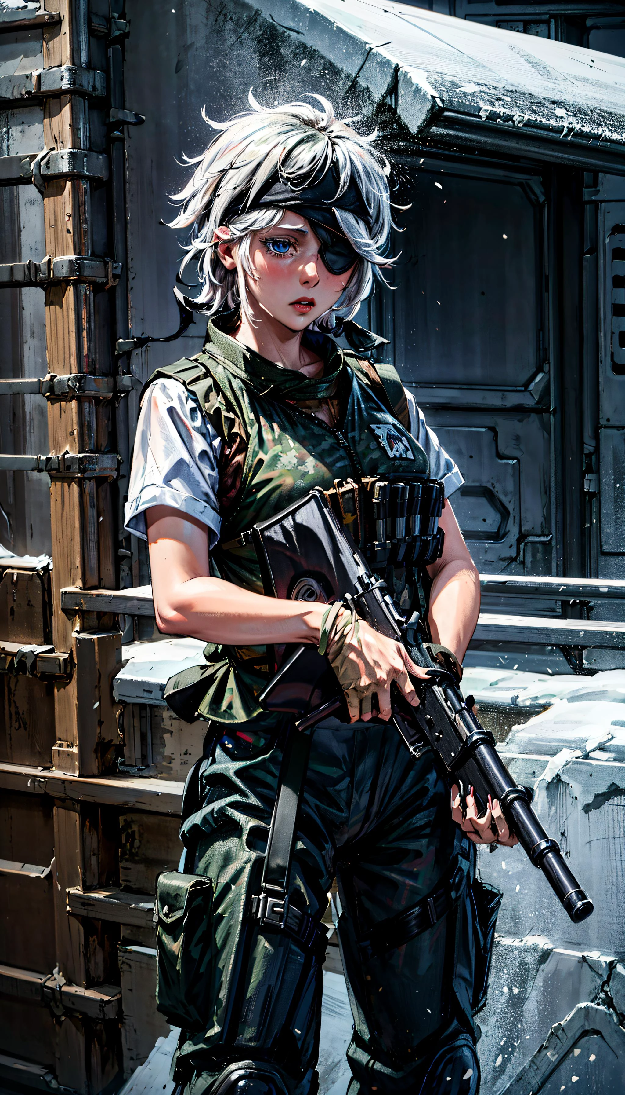 (cowboy shot), (masterpiece), (best quality:1.0), (ultra highres:1.0), highly detailed face and eyes,
BREAK
<lora:Fremy_DAdaptTest_250-000190:0.9> Fremy, eyepatch, holding gun, rifle, weapon
<lyco:epTactical1:0.7> wearing epTactical1, combat vest, camo, pants,
<lora:more_details:0.5>
BREAK
snowy mountain, cloudy