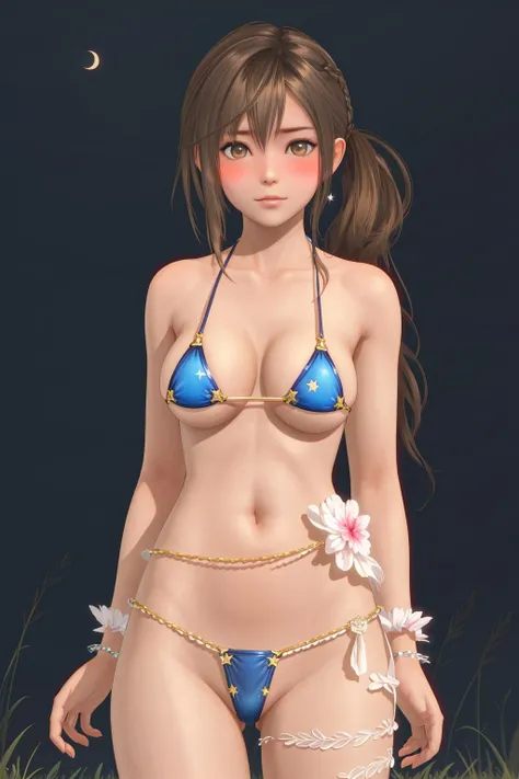 masterpiece, best quality, misaki, 1girl, c2, bikini, navel, big breasts, long hair, looking at viewer, blush, depth of field, sky, on grass, glowing star, night, <lora:misaki-000018:0.6>
