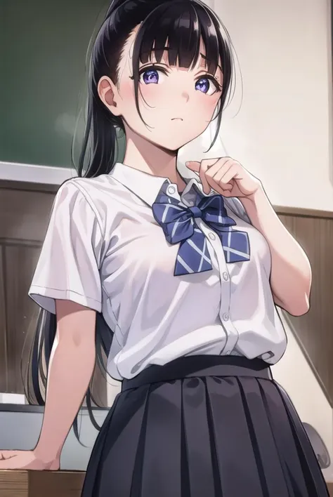 yuitachibana, <lyco:yuitachibana-lyco-nochekaiser:1>,
yui tachibana, long hair, bangs, ponytail, black hair, (purple eyes:1.1),
BREAK skirt, bow, school uniform, pleated skirt, shirt, white shirt, collared shirt, short sleeves, green bow,
BREAK indoors, classroom,
BREAK looking at viewer, (cowboy shot:1.5),
BREAK <lyco:GoodHands-beta2:1>, (masterpiece:1.2), best quality, high resolution, unity 8k wallpaper, (illustration:0.8), (beautiful detailed eyes:1.6), extremely detailed face, perfect lighting, extremely detailed CG, (perfect hands, perfect anatomy),