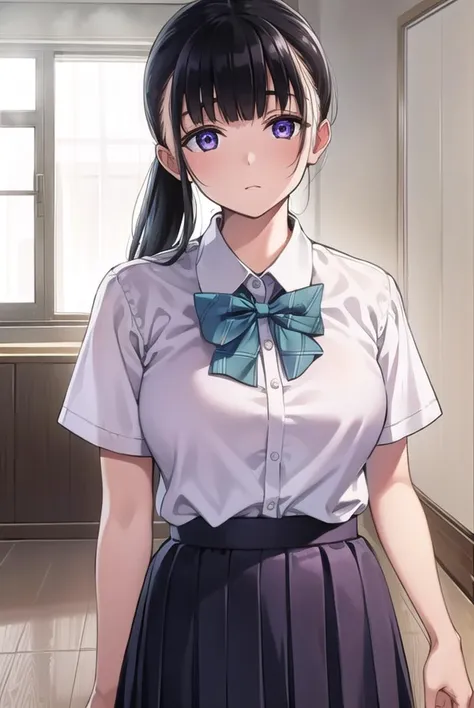 yuitachibana, <lyco:yuitachibana-lyco-nochekaiser:1>,
yui tachibana, long hair, bangs, ponytail, black hair, (purple eyes:1.1),
BREAK skirt, bow, school uniform, pleated skirt, shirt, white shirt, collared shirt, short sleeves, green bow,
BREAK indoors, classroom,
BREAK looking at viewer, (cowboy shot:1.5),
BREAK <lyco:GoodHands-beta2:1>, (masterpiece:1.2), best quality, high resolution, unity 8k wallpaper, (illustration:0.8), (beautiful detailed eyes:1.6), extremely detailed face, perfect lighting, extremely detailed CG, (perfect hands, perfect anatomy),