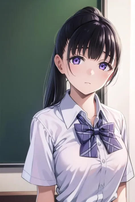 yuitachibana, <lyco:yuitachibana-lyco-nochekaiser:1>,
yui tachibana, long hair, bangs, ponytail, black hair, (purple eyes:1.1),
BREAK skirt, bow, school uniform, pleated skirt, shirt, white shirt, collared shirt, short sleeves, green bow,
BREAK indoors, classroom,
BREAK looking at viewer, (cowboy shot:1.5),
BREAK <lyco:GoodHands-beta2:1>, (masterpiece:1.2), best quality, high resolution, unity 8k wallpaper, (illustration:0.8), (beautiful detailed eyes:1.6), extremely detailed face, perfect lighting, extremely detailed CG, (perfect hands, perfect anatomy),