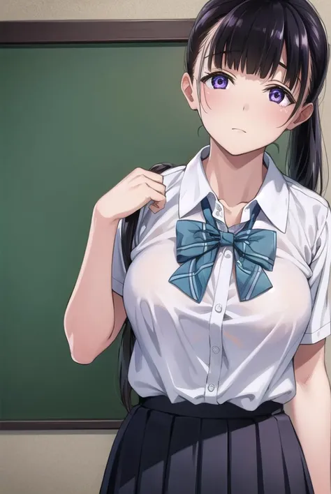 yuitachibana, <lyco:yuitachibana-lyco-nochekaiser:1>,
yui tachibana, long hair, bangs, ponytail, black hair, (purple eyes:1.1),
BREAK skirt, bow, school uniform, pleated skirt, shirt, white shirt, collared shirt, short sleeves, green bow,
BREAK indoors, classroom,
BREAK looking at viewer, (cowboy shot:1.5),
BREAK <lyco:GoodHands-beta2:1>, (masterpiece:1.2), best quality, high resolution, unity 8k wallpaper, (illustration:0.8), (beautiful detailed eyes:1.6), extremely detailed face, perfect lighting, extremely detailed CG, (perfect hands, perfect anatomy),