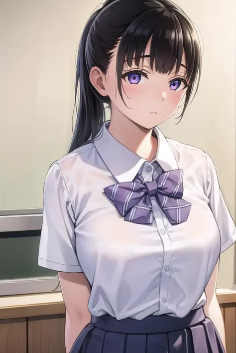 yuitachibana, <lyco:yuitachibana-lyco-nochekaiser:1>,
yui tachibana, long hair, bangs, ponytail, black hair, (purple eyes:1.1),
BREAK skirt, bow, school uniform, pleated skirt, shirt, white shirt, collared shirt, short sleeves, green bow,
BREAK indoors, classroom,
BREAK looking at viewer, (cowboy shot:1.5),
BREAK <lyco:GoodHands-beta2:1>, (masterpiece:1.2), best quality, high resolution, unity 8k wallpaper, (illustration:0.8), (beautiful detailed eyes:1.6), extremely detailed face, perfect lighting, extremely detailed CG, (perfect hands, perfect anatomy),