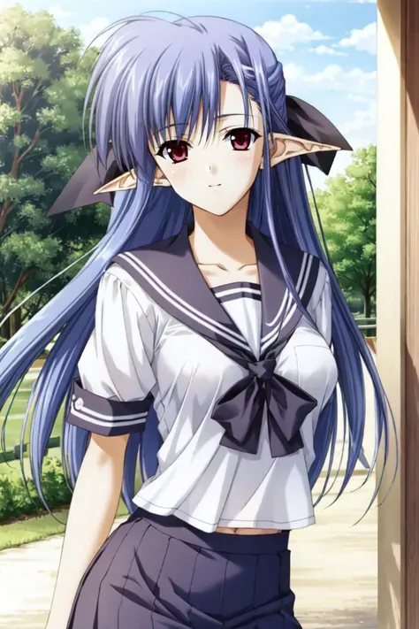 masterpiece, best_quality, 1girl, solo, nerine, shuffle!, pointy ears, blue hair, red eyes, serafuku,