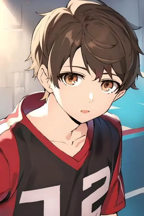 masterpiece, best quality, high quality, 1boy, solo, male focus, looking at viewer, upper body, <lora:bam_kami_no_tou:0.78>, bam_kami_no_tou, brown hair, brown eyes, , sportswear