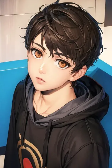 masterpiece, best quality, high quality, 1boy, solo, male focus, looking at viewer, upper body, <lora:bam_kami_no_tou:0.72>, bam_kami_no_tou, brown hair, brown eyes, realistic, hoodie