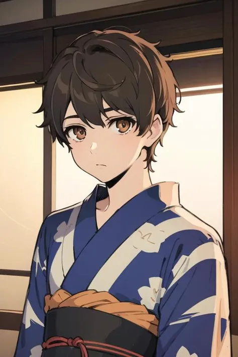 masterpiece, best quality, high quality, 1boy, solo, male focus, looking at viewer, upper body, <lora:bam_kami_no_tou:0.56>, bam_kami_no_tou, brown hair, brown eyes, , yukata