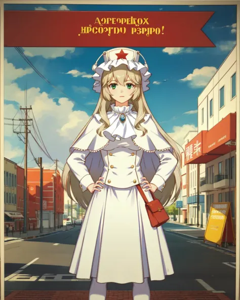 masterpiece, high quality, pmmmorikomagi, 1girl, standing, hand on hip, (green eyes:0.8), blonde hair, long hair, white dress with puffy skirt, decorative shield on skirt, high white hat with two tassels, shawl on shoulders, cowboy shot, looking at viewer, colorful, outdoors, city, street, sky, clouds, day, <lora:pmmmorikomagi_v2-000007:0.7>, <lora:CCCPposter_v2.0_locon_noiseoffset_AdamW8bits:1>, CCCPposter, soviet poster, poster