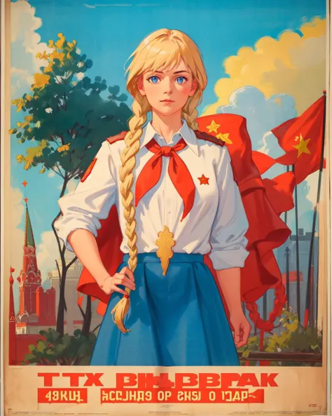 masterpiece, best quality, 1girl, blue eyes, twin braids, blonde hair, long hair, hair over shoulder, blue skirt, white collared shirt, red neckerchief, standing, outdoors, <lora:SlavyaLoraV5:0.8>, <lora:CCCPposter_v2.0_locon_noiseoffset_AdamW8bits:1>, CCCPposter, soviet poster, poster