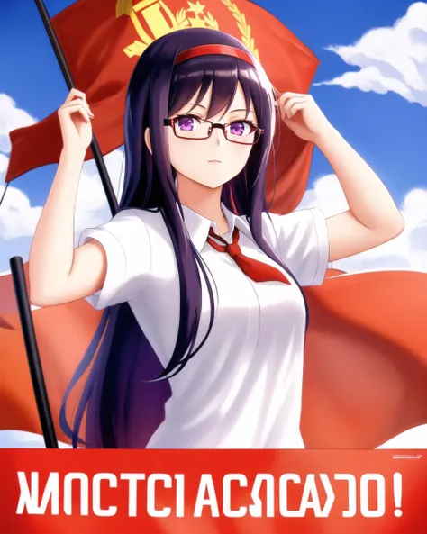 <lora:CCCPposter_v2.0_locon_noiseoffset_AdamW8bits:0.7>, CCCPposter, soviet poster, poster , sovilet, flag, 1girl, Akemi Homura, purple eyes, long black hair, hair ornament, looking at viewer, white shirt, glasses