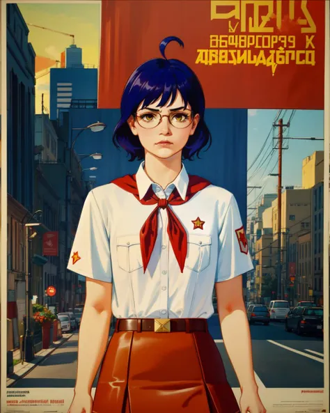 masterpiece, high quality, bljenya, 1girl, detailed, intricated, medium shot, upper body, (dynamic pose:0.9), detailed eyes, (angry:0.8), bored, yellow eyes, blue hair, ahoge, glasses, white shirt, small breasts, red badge on shirt, red bow-tied neckerchief, leather belt, blue skirt, outdoors, city, street, <lora:bljenya-000008:0.75>, <lora:CCCPposter_v2.0_locon_noiseoffset_AdamW8bits:1>, CCCPposter, soviet poster, poster