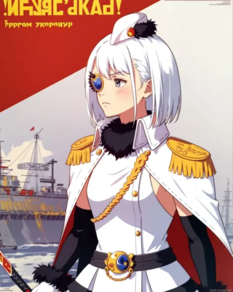 masterpiece, high quality, mgrcnagitan, 1girl, white hair, close shot, upper body, side view, sword in hand, serious face, looking aside, grey eyes, golden monocle on right eye, one eye covered, white sleeveless dress with fur edgings, white cloak with high collar, white long sleeves with fur edgings, golden epolets, black belt with golden buckle, white garrison cap, white gloves, zettai ryouiki, black thighhighs, white legwear, <lora:mgrcnagitan-000006:0.8>, <lora:CCCPposter_v2.0_locon_noiseoffset_AdamW8bits:1>, (CCCPposter, soviet poster)