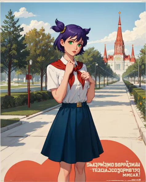 masterpiece, best quality, green eyes, deiailed eyes, purple hair, short hair, two sides up, small breasts, blue skirt, white collared shirt, red neckerchief, standing, outdoors, <lora:V5FullClose1Art1:0.8>, CCCPposter, soviet poster, poster, <lora:CCCPposterv3:0.9>