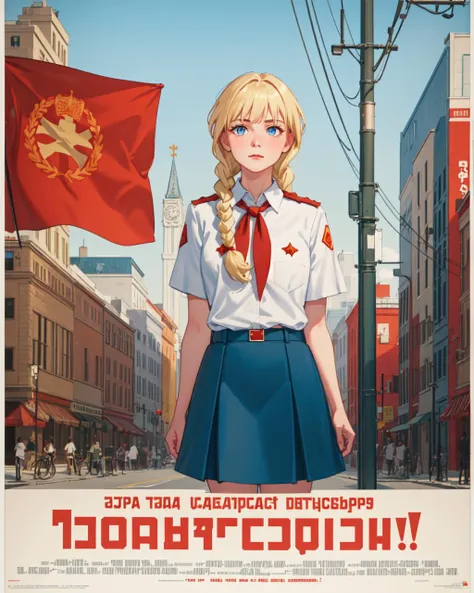 masterpiece, best quality, 1girl, blue eyes, twin braids, blonde hair, long hair, hair over shoulder, blue skirt, white collared shirt, red neckerchief, standing, outdoors, <lora:SlavyaLoraV5:0.8>, CCCPposter, soviet poster, poster, <lora:CCCPposterv3:0.9>