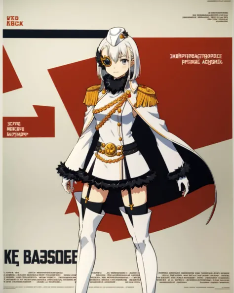 masterpiece, high quality, mgrcnagitan, 1girl, white hair, grey eyes, golden monocle on right eye, one eye covered, white sleeveless dress with fur edgings, white cloak with high collar, white long sleeves with fur edgings, golden epolets, black belt with golden buckle, white garrison cap, white gloves, zettai ryouiki, black thighhighs, white legwear, <lora:mgrcnagitan:0.8>, CCCPposter, soviet poster, poster, <lora:CCCPposterv3:0.9>
