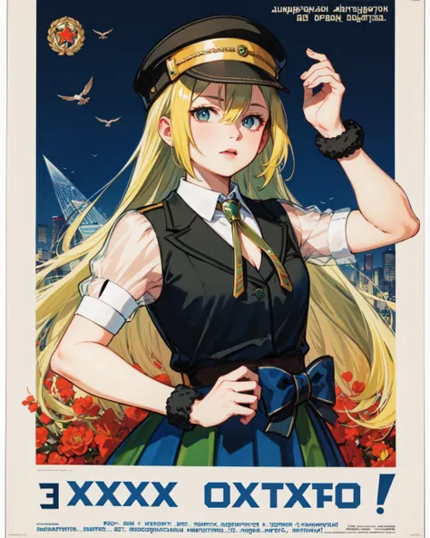 masterpiece, high quality, alinagray, 1girl, solo, medium shot, upper body, looking at viewer, skirt, hat, bow, jewelry, closed mouth, small breasts, (dynamic shot), necktie, striped, black footwear, collar, see-through, detached collar, garter straps, magical girl, black necktie, multicolored clothes, vertical stripes, sleeve cuffs, white collar, striped skirt, lapels, cross tie, <lora:AlinaGray:0.9>, CCCPposter, soviet poster, poster, <lora:CCCPposterv3:0.9>