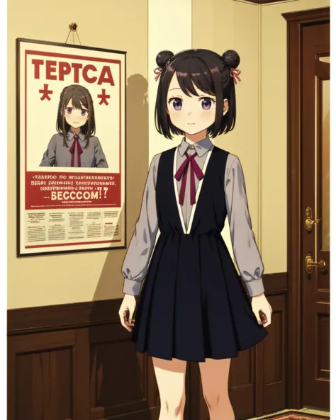 masterpiece, high quality, mgrckuroe, 1girl, cowboy shot, purple eyes, black hair, grey shirt, purple bowtie, double bun, black with white skirt, black with white vest, pink hairpins, indoors, <lora:mgrckuroe-000010:0.8>, CCCPposter, soviet poster, poster, <lora:CCCPposterv3:0.9>