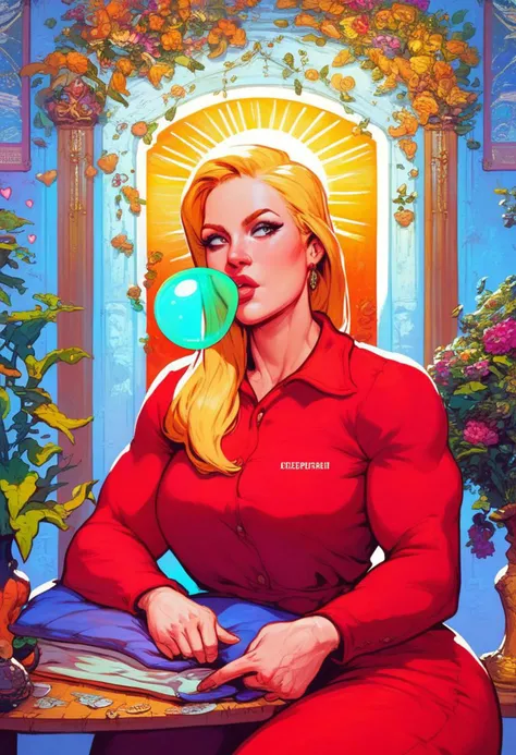 score_9, score_8_up, score_7_up, CCCPposter, 1girl, red pajamas, sitting on a couch in a dimly lit dusk living room candlelit, solo, long hair, blonde hair, heart, curvy, romantic, sunset, (from front), upper body, impressionism, high contrast, exaggerated human anatomy, wide torso, wide hips, muscular glutes, large glutes, muscular quads, prominent thigh muscles , glute muscles, goddess, thick thighs, wide hips, extremely vascular, deep muscle striations, lips (blowing enormous bubblegum bubble to fill up space in room)