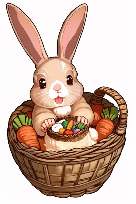 cccpposter of a cute rabbit is flopping in a basket full of carrots. the rabbit is very happy. <lora:cccpPosterStyle_v10:1>